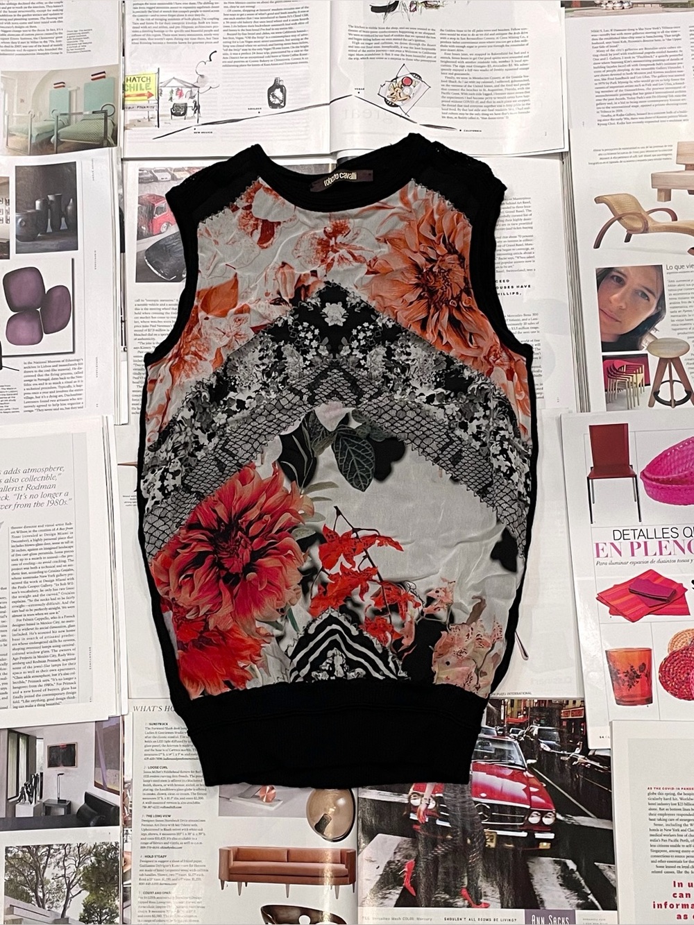 Roberto Cavalli mixed media floral sleeveless knit top size IT 40/US 2